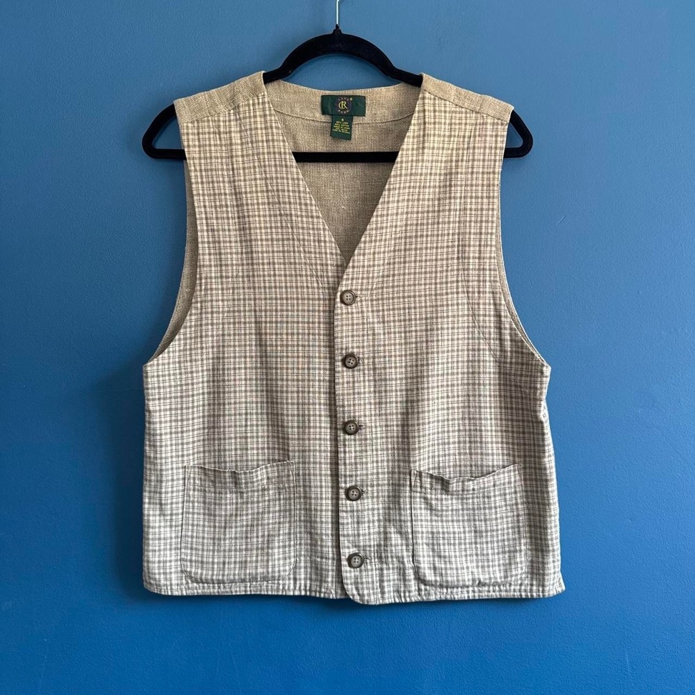 Vintage 90s Vest Women's Size Small Linen Blend Club Room Check Tan Brown Flax